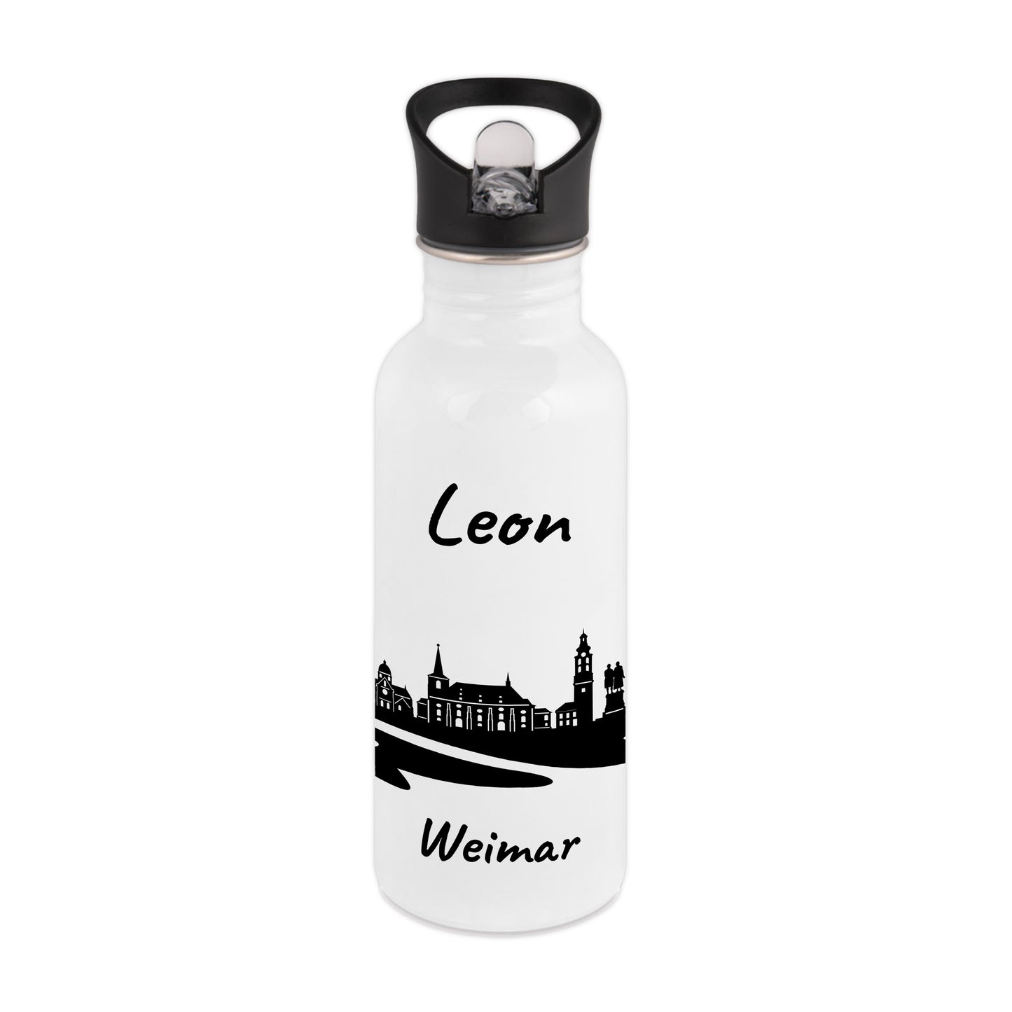 Trinkflasche in Weiß 600ml aus Edelstahl bedruckt mit der Skyline von Weimar personalisierbar mit Wunschname