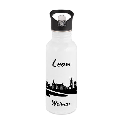 Trinkflasche in Weiß 600ml aus Edelstahl bedruckt mit der Skyline von Weimar personalisierbar mit Wunschname