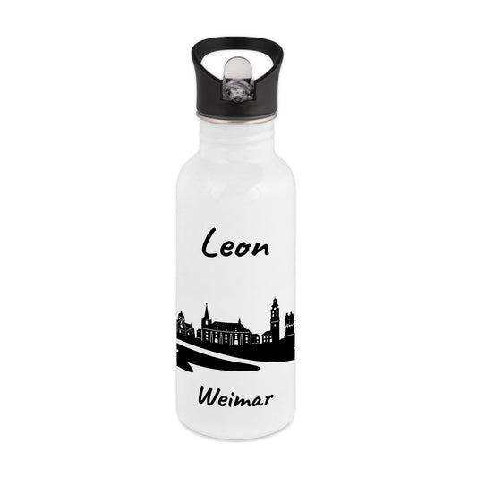 Trinkflasche in Weiß 600ml aus Edelstahl bedruckt mit der Skyline von Weimar personalisierbar mit Wunschname