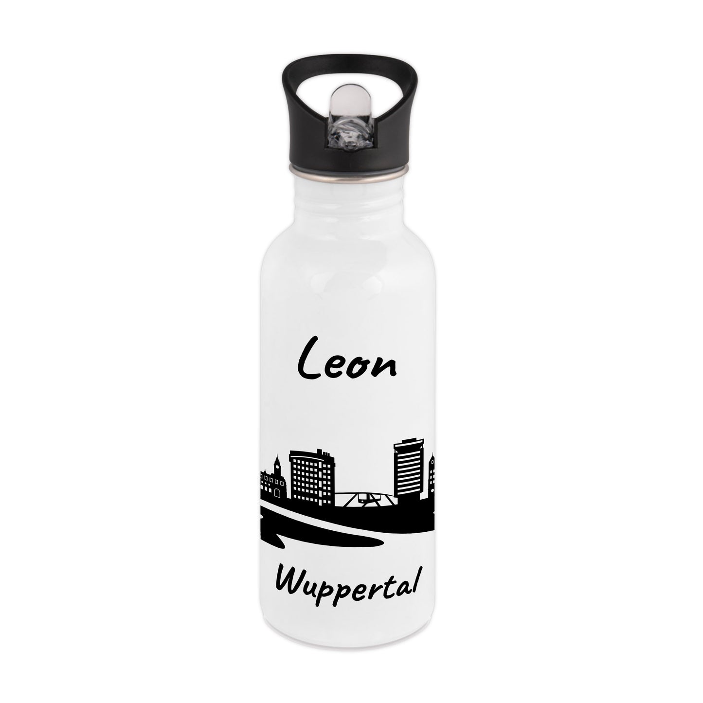 Trinkflasche in Weiß 600ml aus Edelstahl bedruckt mit der Skyline von Wuppertal personalisierbar mit Wunschname