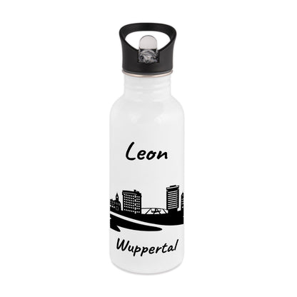 Trinkflasche in Weiß 600ml aus Edelstahl bedruckt mit der Skyline von Wuppertal personalisierbar mit Wunschname