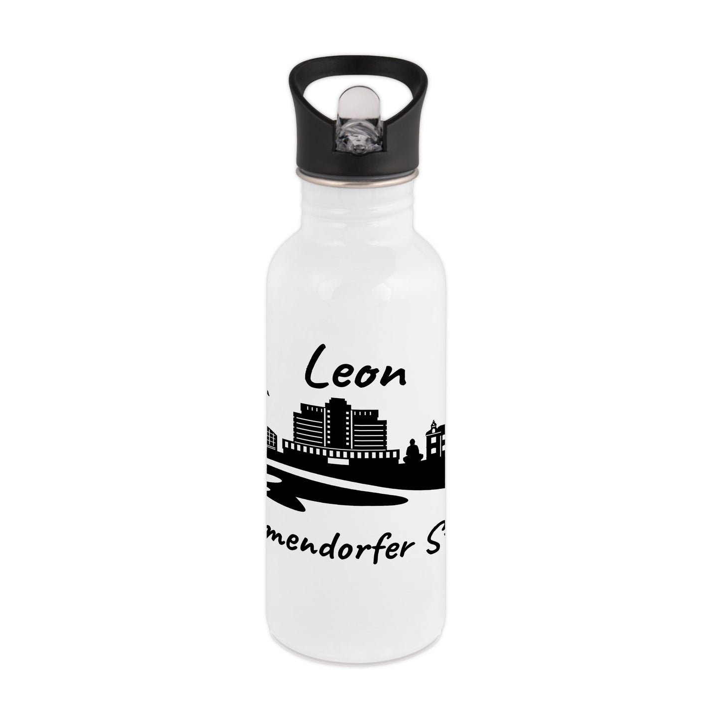 Trinkflasche in Weiß 600ml aus Edelstahl bedruckt mit der Skyline von Timmendorfer Strand personalisierbar mit Wunschname