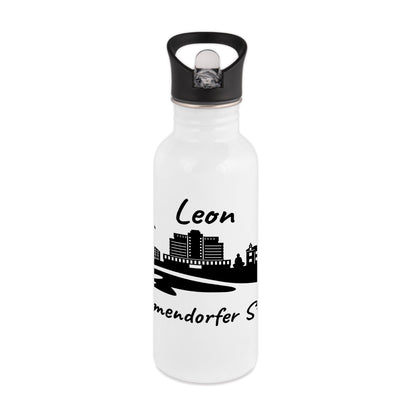 Trinkflasche in Weiß 600ml aus Edelstahl bedruckt mit der Skyline von Timmendorfer Strand personalisierbar mit Wunschname