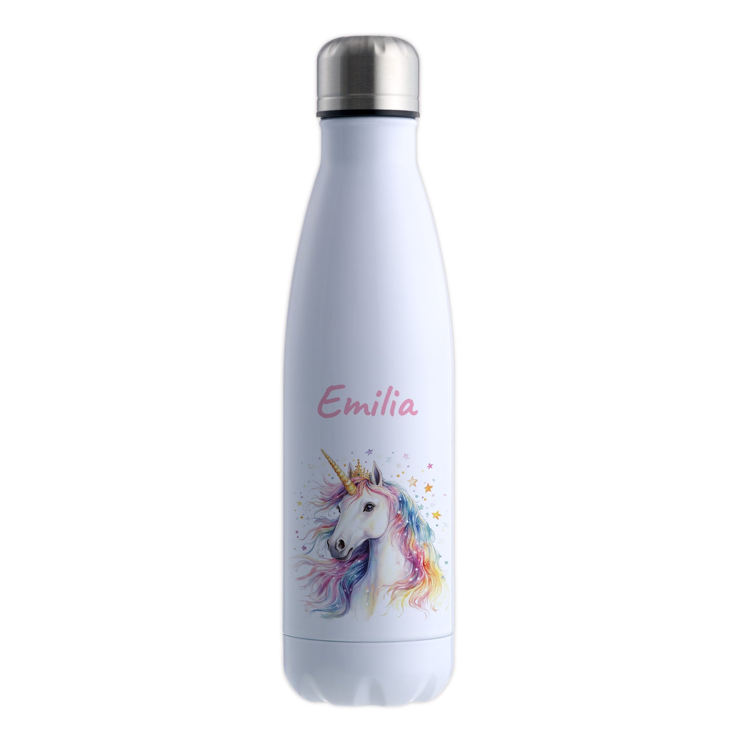 Thermoflasche 500ml in Weiß bedruckt mit tollen Motiven für Kinder "Einhorn" personalisierbar mit Wunschname