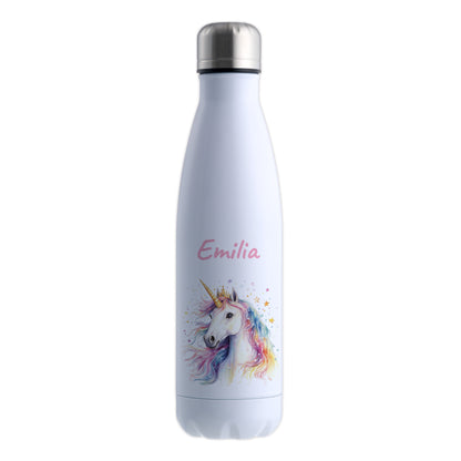 Thermoflasche 500ml in Weiß bedruckt mit tollen Motiven für Kinder "Einhorn" personalisierbar mit Wunschname