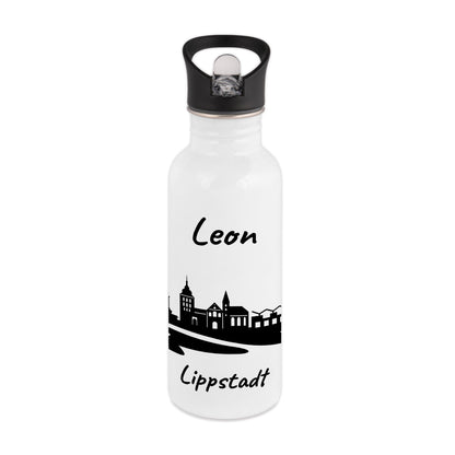 Trinkflasche in Weiß 600ml aus Edelstahl bedruckt mit der Skyline von Lippstadt personalisierbar mit Wunschname