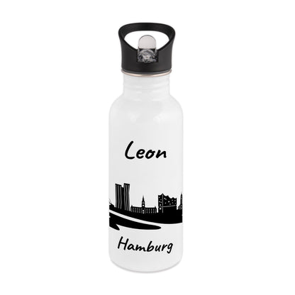 Trinkflasche in Weiß 600ml aus Edelstahl bedruckt mit der Skyline von Hamburg personalisierbar mit Wunschname