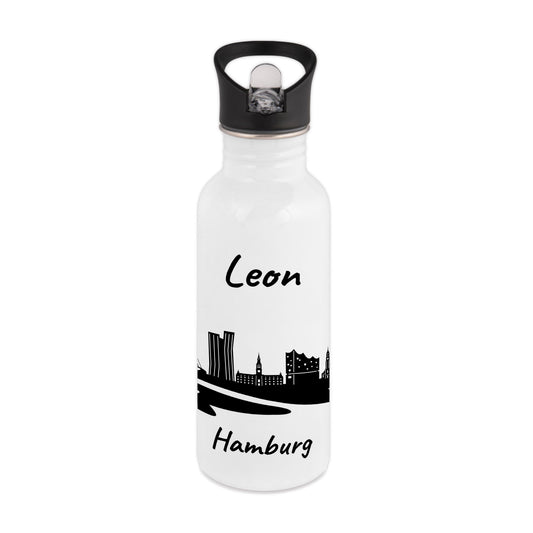 Trinkflasche in Weiß 600ml aus Edelstahl bedruckt mit der Skyline von Hamburg personalisierbar mit Wunschname