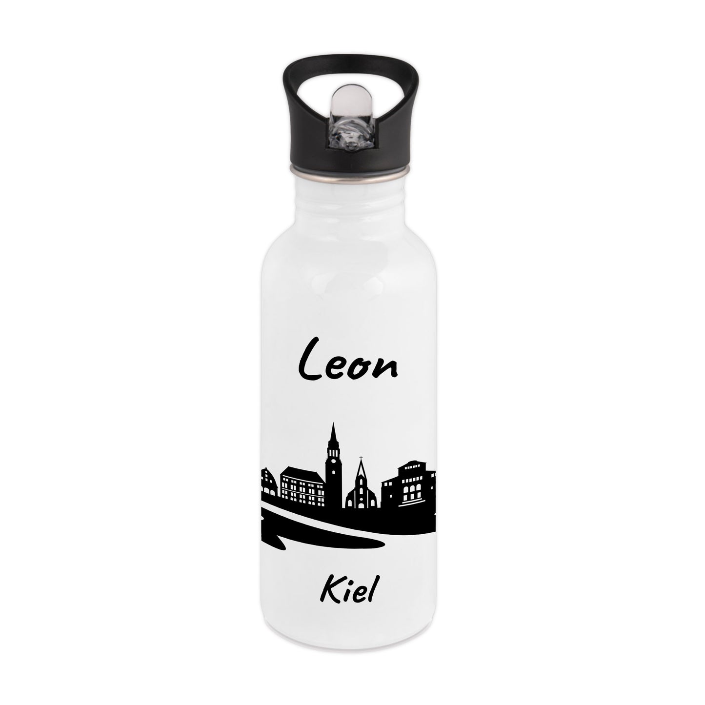 Trinkflasche in Weiß 600ml aus Edelstahl bedruckt mit der Skyline von Kiel personalisierbar mit Wunschname