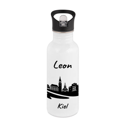 Trinkflasche in Weiß 600ml aus Edelstahl bedruckt mit der Skyline von Kiel personalisierbar mit Wunschname