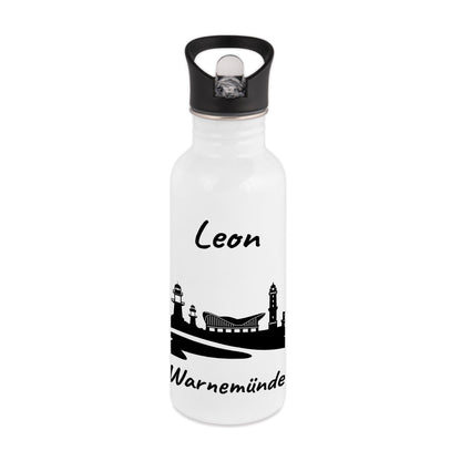 Trinkflasche in Weiß 600ml aus Edelstahl bedruckt mit der Skyline von Warnemünde personalisierbar mit Wunschname