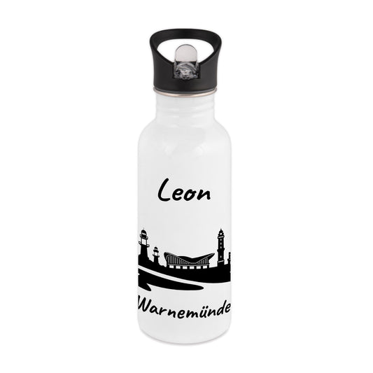 Trinkflasche in Weiß 600ml aus Edelstahl bedruckt mit der Skyline von Warnemünde personalisierbar mit Wunschname