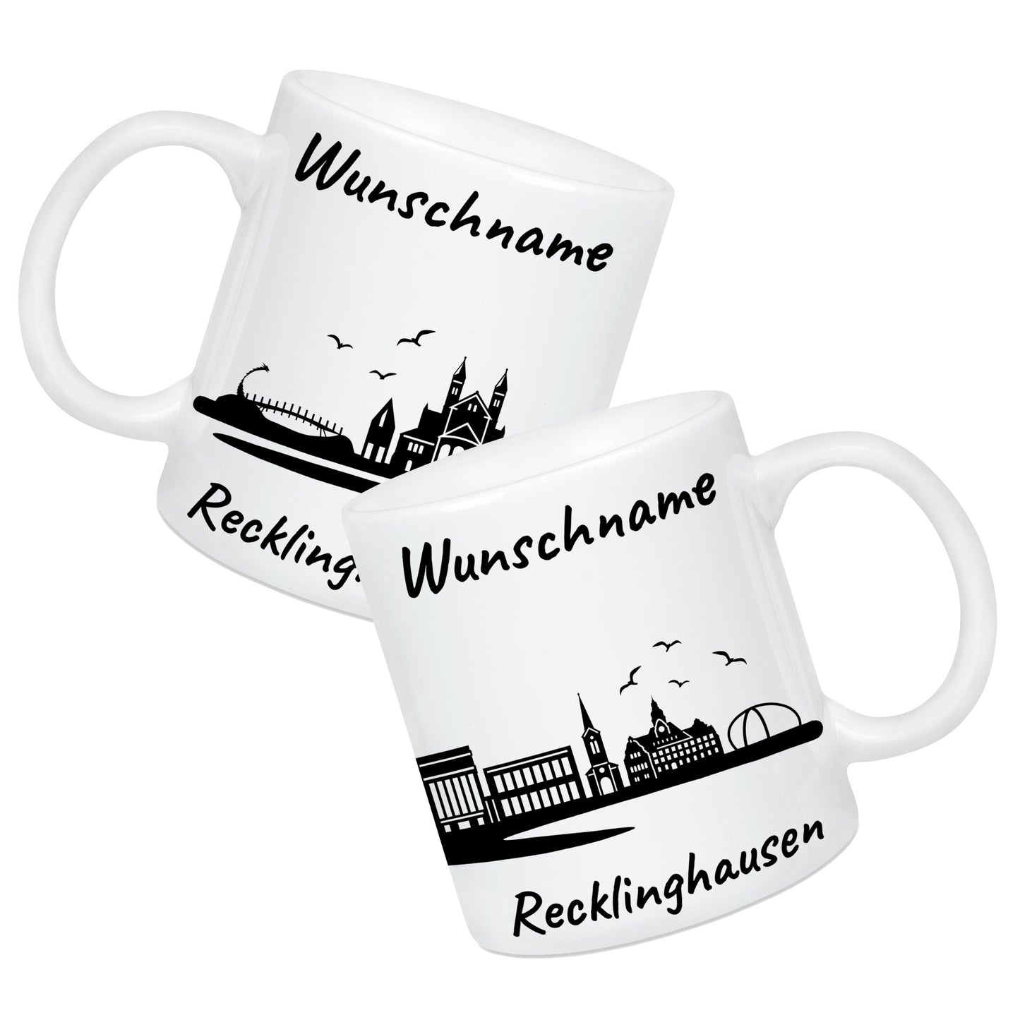 Tasse in Weiß 330ml bedruckt mit der Skyline von Recklinghausen personalisierbar mit Wunschname