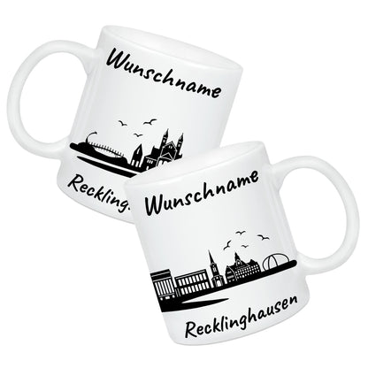 Tasse in Weiß 330ml bedruckt mit der Skyline von Recklinghausen personalisierbar mit Wunschname