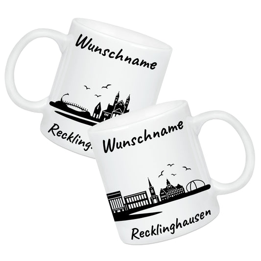 Tasse in Weiß 330ml bedruckt mit der Skyline von Recklinghausen personalisierbar mit Wunschname