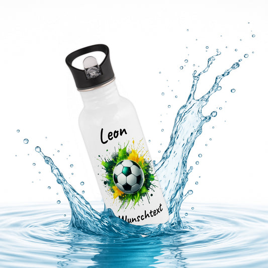 Trinkflasche mit Strohhalm in Weiß 600ml bedruckt mit Fußball Motiven"Motiv11" personalisierbar für Kinder mit Wunschname aus Edelstahl