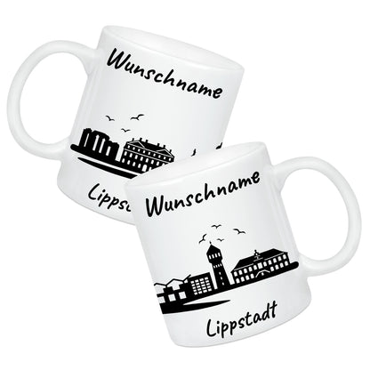 Tasse in Weiß 330ml bedruckt mit der Skyline von Lippstadt personalisierbar mit Wunschname