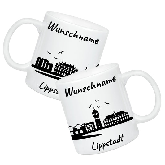 Tasse in Weiß 330ml bedruckt mit der Skyline von Lippstadt personalisierbar mit Wunschname