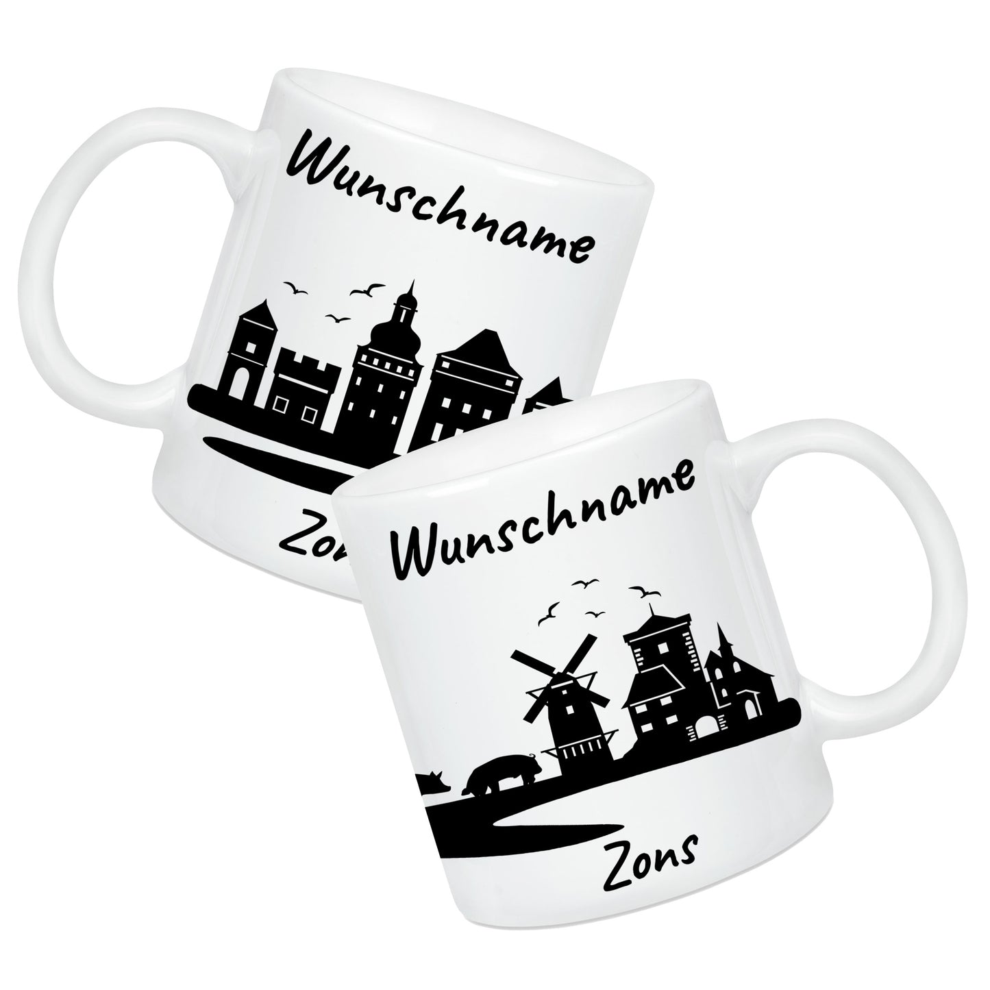 Tasse in Weiß 330ml bedruckt mit der Skyline von Zons (Dormagen) personalisierbar mit Wunschname