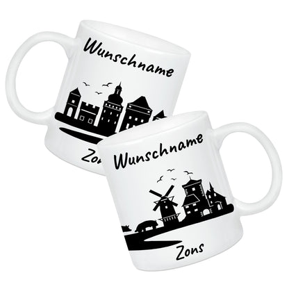 Tasse in Weiß 330ml bedruckt mit der Skyline von Zons (Dormagen) personalisierbar mit Wunschname