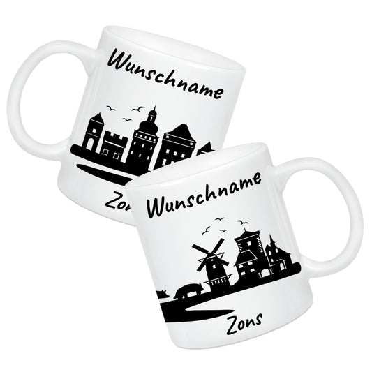 Tasse in Weiß 330ml bedruckt mit der Skyline von Zons (Dormagen) personalisierbar mit Wunschname