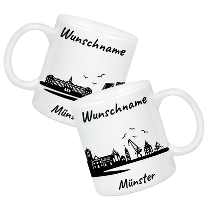 Tasse in Weiß 330ml bedruckt mit der Skyline von Münster personalisierbar mit Wunschname
