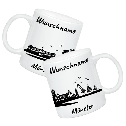 Tasse in Weiß 330ml bedruckt mit der Skyline von Münster personalisierbar mit Wunschname