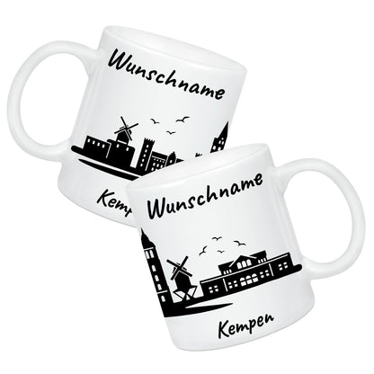 Tasse in Weiß 330ml bedruckt mit der Skyline von Kempen personalisierbar mit Wunschname