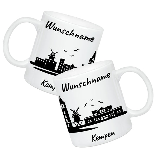 Tasse in Weiß 330ml bedruckt mit der Skyline von Kempen personalisierbar mit Wunschname