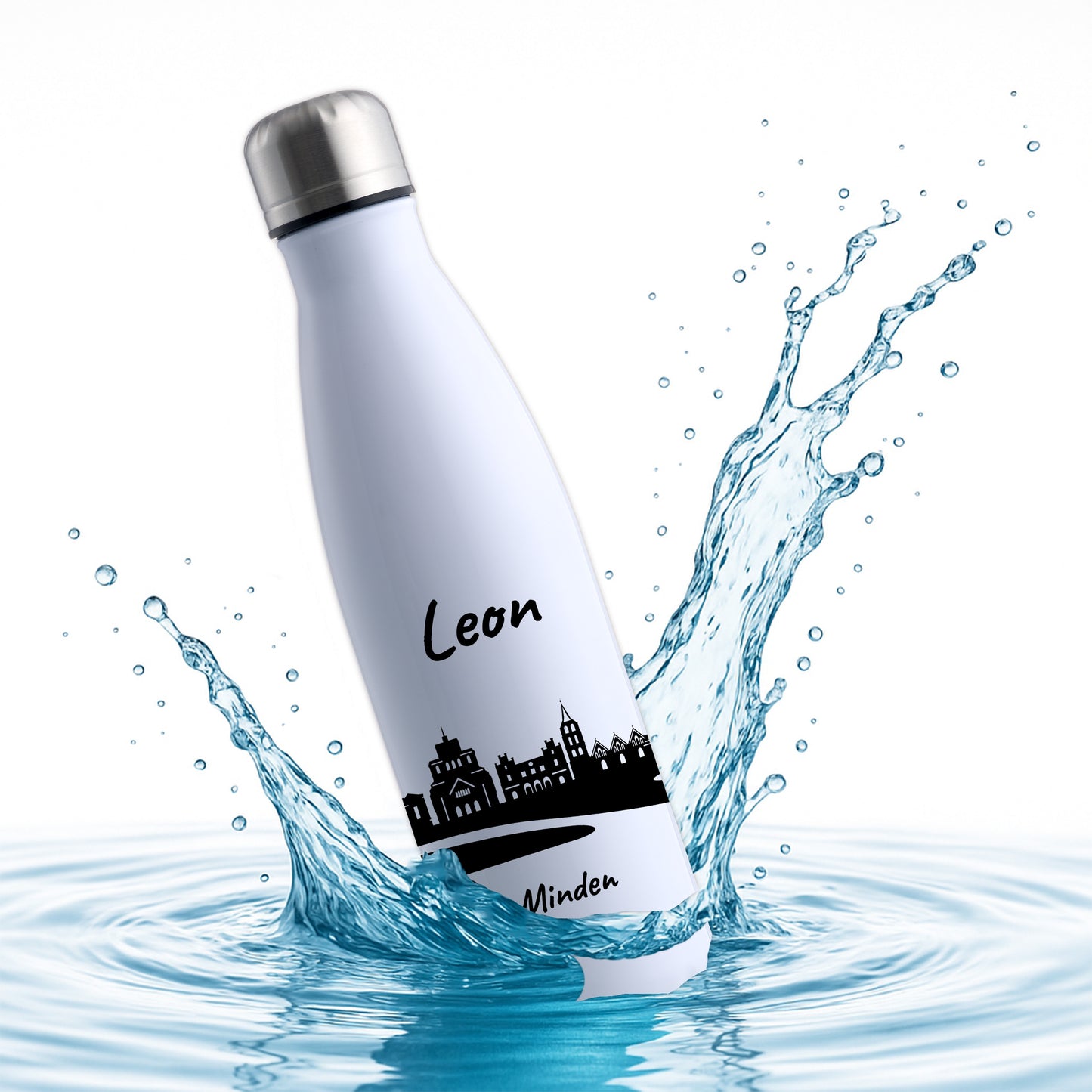 Trinkflasche in Weiß 500ml aus Edelstahl bedruckt mit der Skyline von Minden personalisierbar mit Wunschname