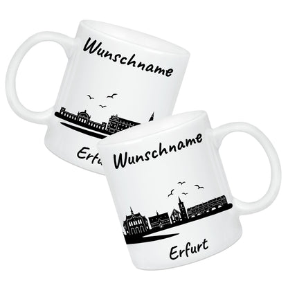 Tasse in Weiß 330ml bedruckt mit der Skyline von Erfurt personalisierbar mit Wunschname
