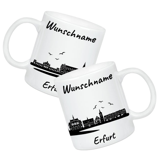 Tasse in Weiß 330ml bedruckt mit der Skyline von Erfurt personalisierbar mit Wunschname