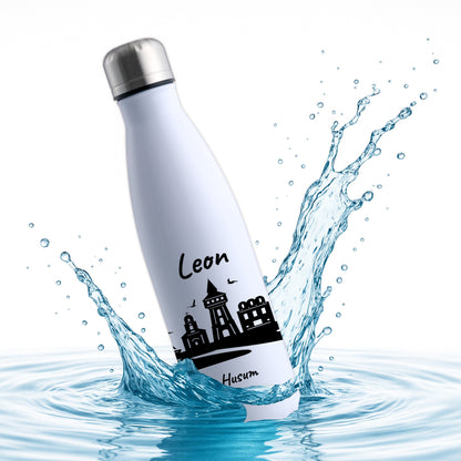 Trinkflasche in Weiß 500ml aus Edelstahl bedruckt mit der Skyline von Husum personalisierbar mit Wunschname
