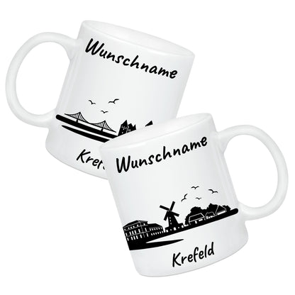 Tasse in Weiß 330ml bedruckt mit der Skyline von Krefeld personalisierbar mit Wunschname