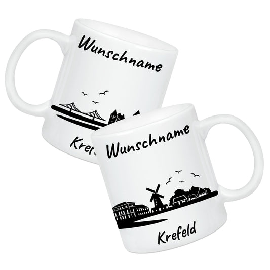 Tasse in Weiß 330ml bedruckt mit der Skyline von Krefeld personalisierbar mit Wunschname