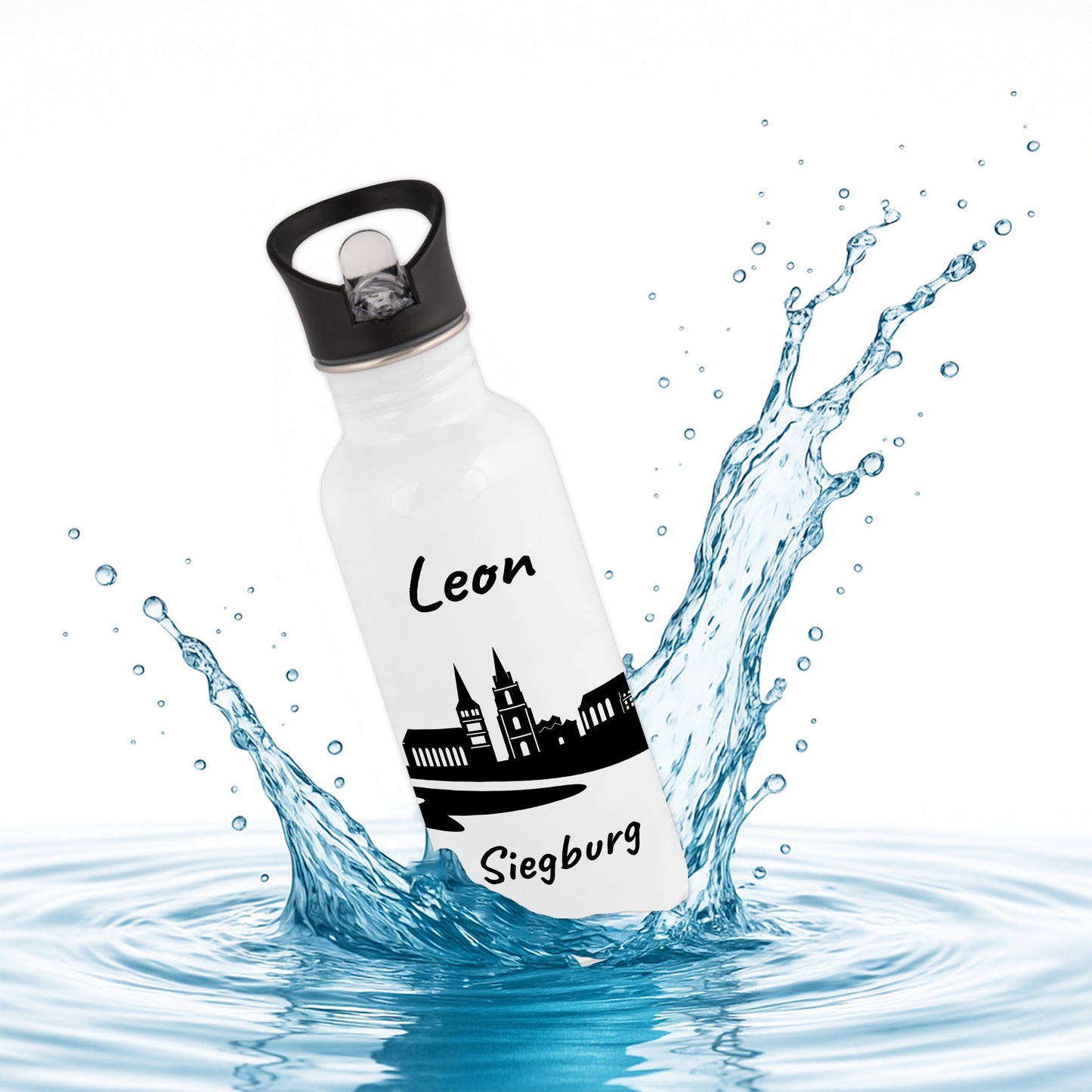 Trinkflasche in Weiß 600ml aus Edelstahl bedruckt mit der Skyline von Siegburg personalisierbar mit Wunschname