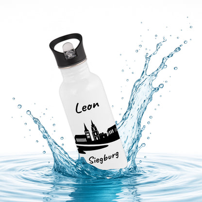 Trinkflasche in Weiß 600ml aus Edelstahl bedruckt mit der Skyline von Siegburg personalisierbar mit Wunschname