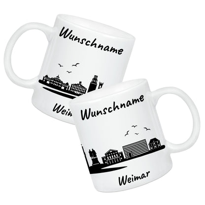 Tasse in Weiß 330ml bedruckt mit der Skyline von Weimar personalisierbar mit Wunschname