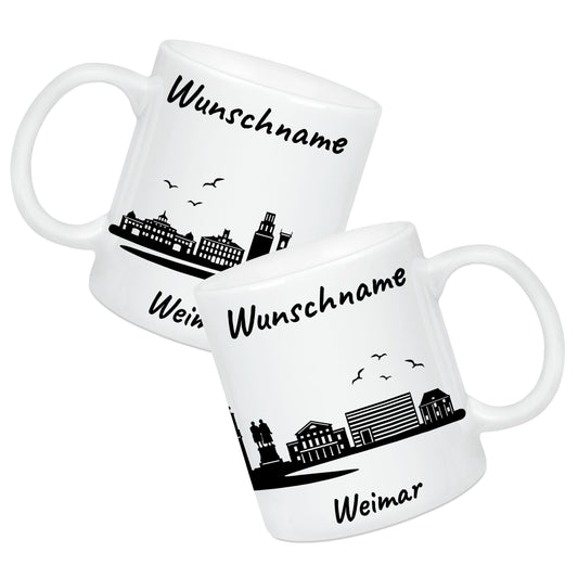 Tasse in Weiß 330ml bedruckt mit der Skyline von Weimar personalisierbar mit Wunschname