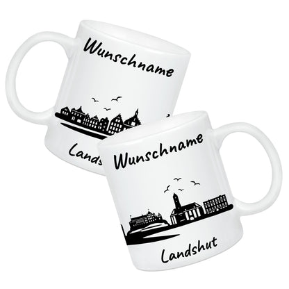 Tasse in Weiß 330ml bedruckt mit der Skyline von Landshut personalisierbar mit Wunschname
