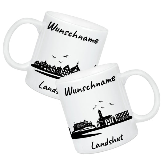 Tasse in Weiß 330ml bedruckt mit der Skyline von Landshut personalisierbar mit Wunschname