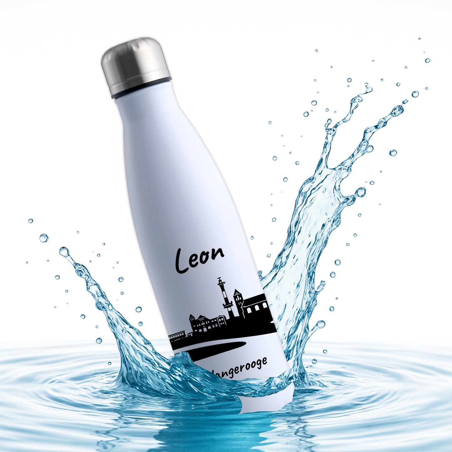 Trinkflasche in Weiß 500ml aus Edelstahl bedruckt mit der Skyline von Wangerooge personalisierbar mit Wunschname