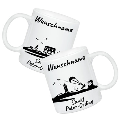 Tasse in Weiß 330ml bedruckt mit der Skyline von Sankt Peter-Ording personalisierbar mit Wunschname