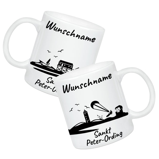 Tasse in Weiß 330ml bedruckt mit der Skyline von Sankt Peter-Ording personalisierbar mit Wunschname