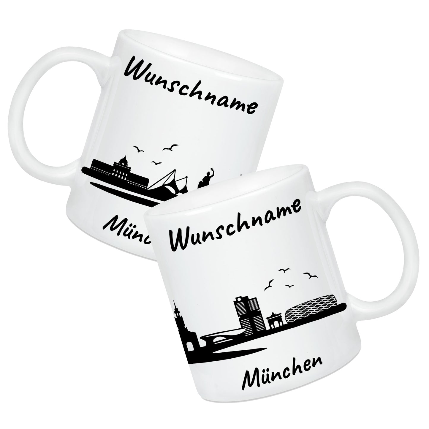 Tasse in Weiß 330ml bedruckt mit der Skyline von München personalisierbar mit Wunschname
