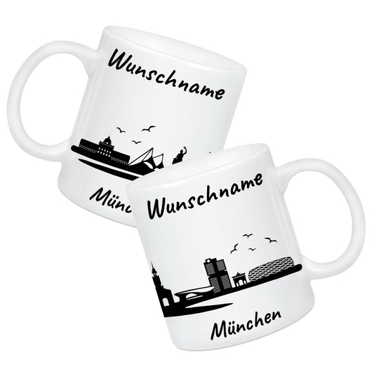 Tasse in Weiß 330ml bedruckt mit der Skyline von München personalisierbar mit Wunschname