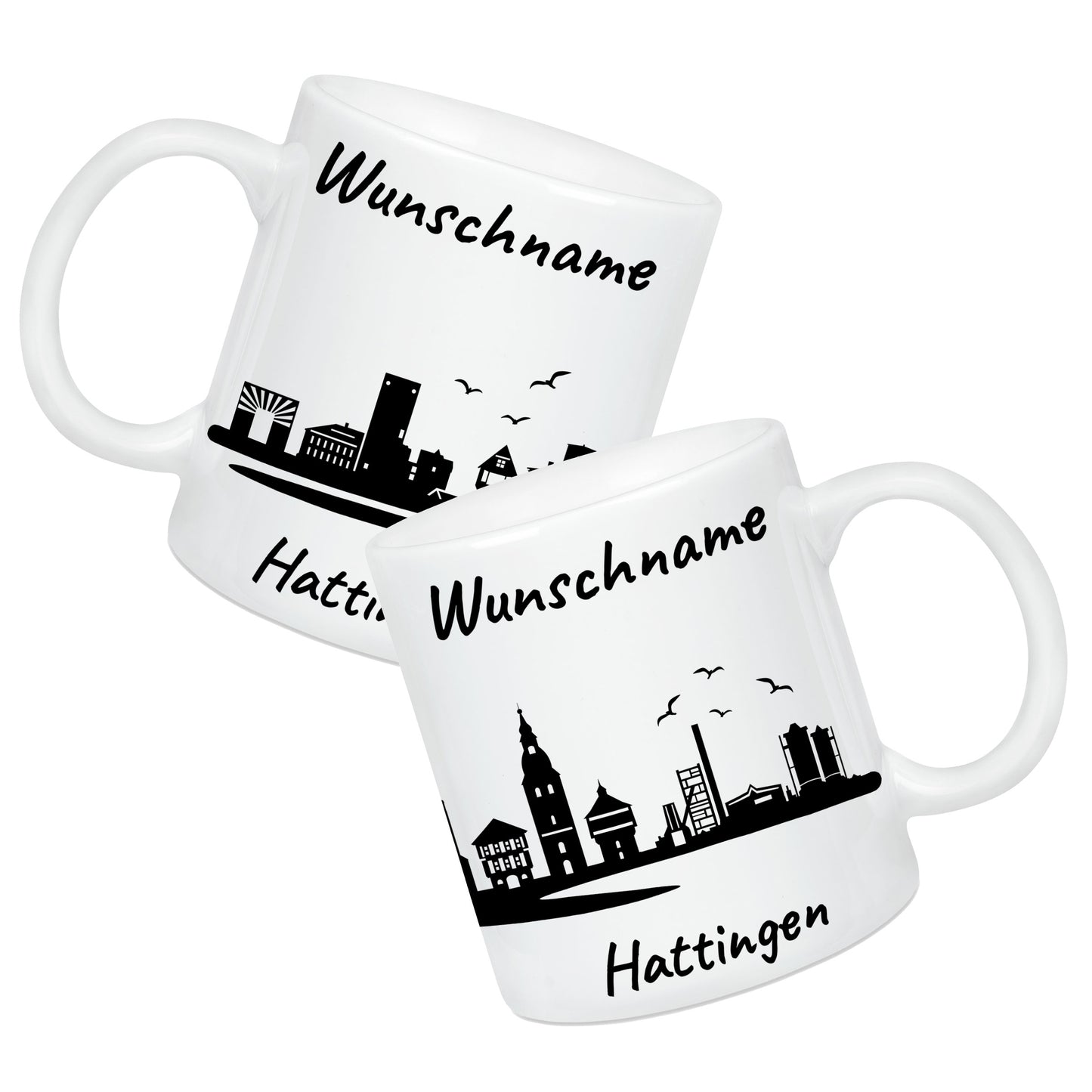 Tasse in Weiß 330ml bedruckt mit der Skyline von Hattingen personalisierbar mit Wunschname
