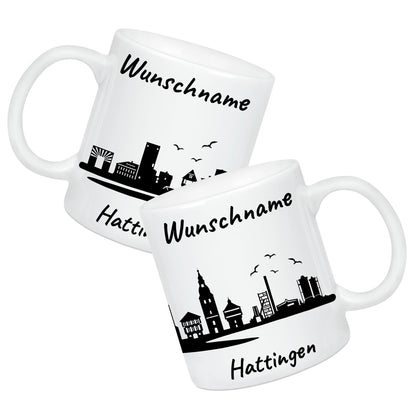 Tasse in Weiß 330ml bedruckt mit der Skyline von Hattingen personalisierbar mit Wunschname