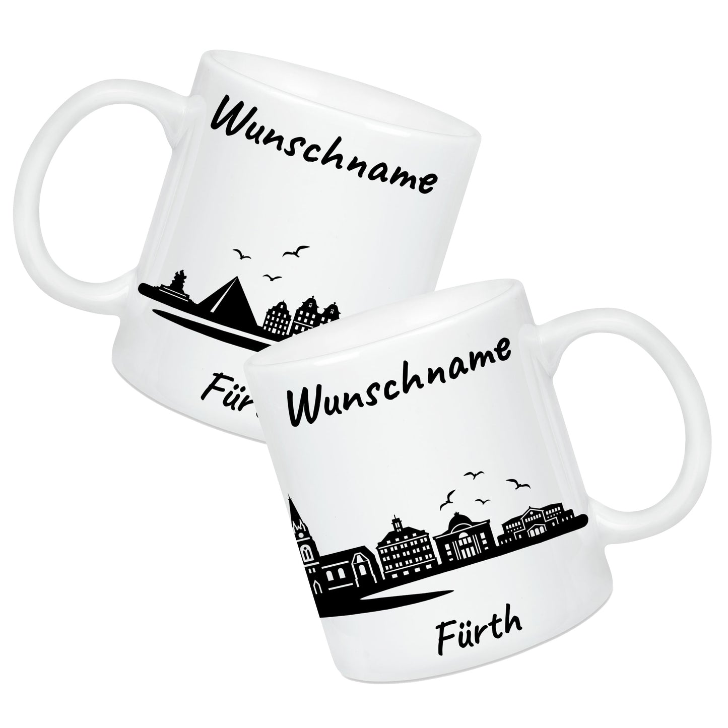 Tasse in Weiß 330ml bedruckt mit der Skyline von Fürth personalisierbar mit Wunschname