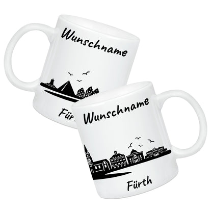 Tasse in Weiß 330ml bedruckt mit der Skyline von Fürth personalisierbar mit Wunschname